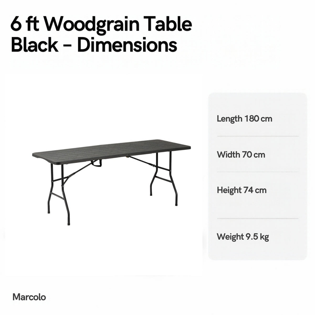 6 ft woodgrain rectangular folding table dimensions: 180 × 70 × 74 cm, 9.5 kg