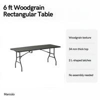 6 ft woodgrain rectangular folding table key features: woodgrain texture, 34 mm top, 2 L-shaped latches, no assembly