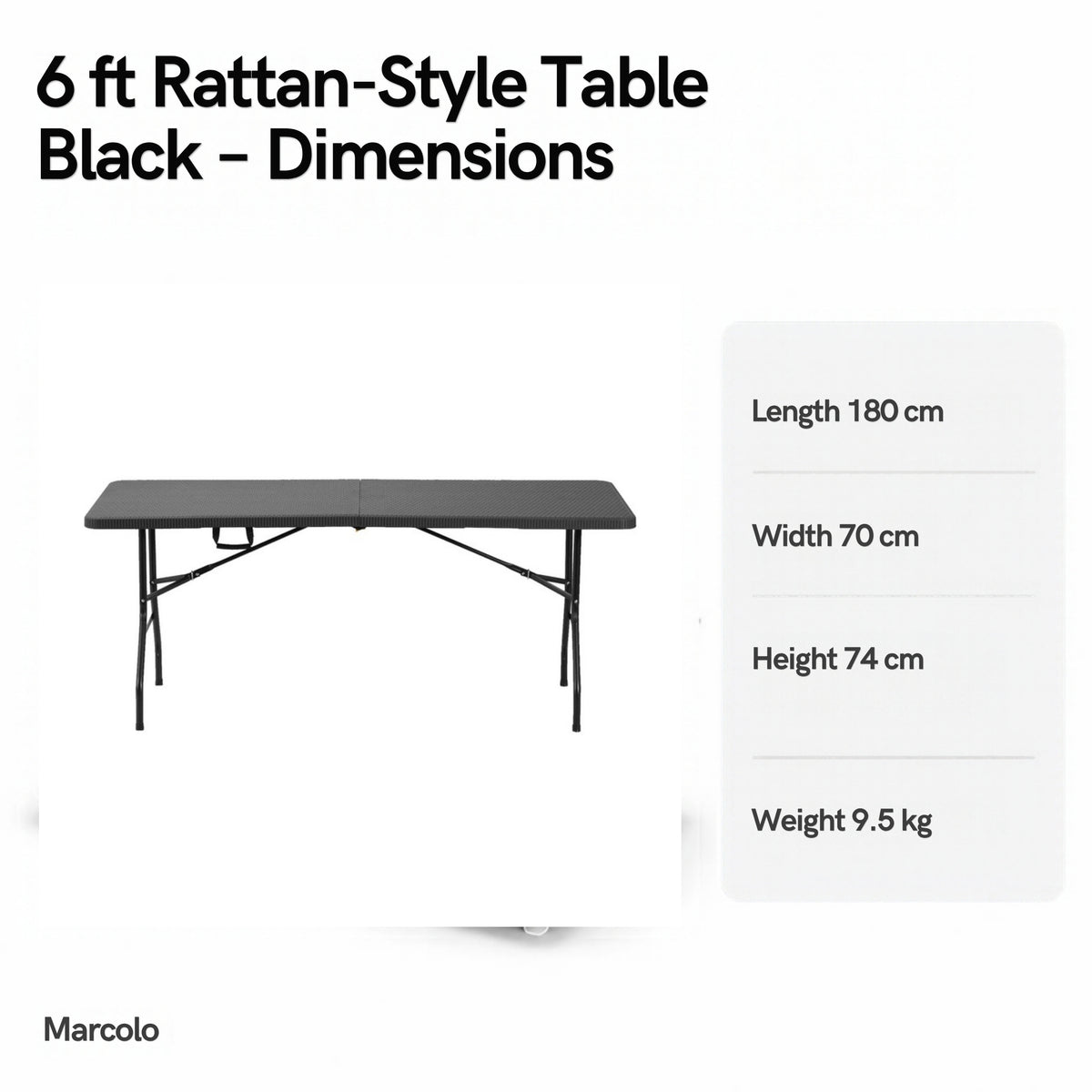 6 ft rattan-style rectangular folding table dimensions: 180 × 70 × 74 cm, 9.5 kg