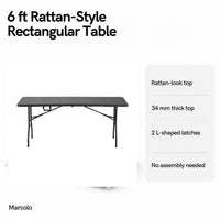 6 ft rattan-style rectangular folding table key features: rattan-look top, 34 mm top, 2 L-shaped latches, no assembly