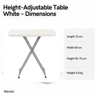 Height-adjustable folding table dimensions: 76 × 50 cm, height 33–76 cm, 3.8 kg