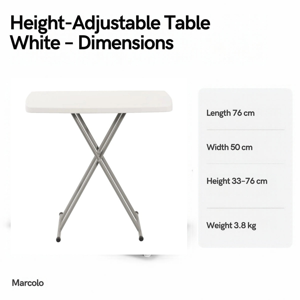 Height-adjustable folding table dimensions: 76 × 50 cm, height 33–76 cm, 3.8 kg