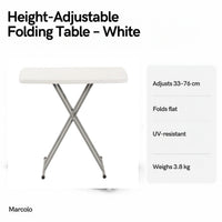 Height-adjustable folding table key features: adjusts 33–76 cm, folds flat, UV-resistant, 3.8 kg