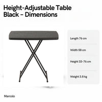 Height-adjustable folding table dimensions: 76 × 58 cm, height 33–76 cm, 3.8 kg