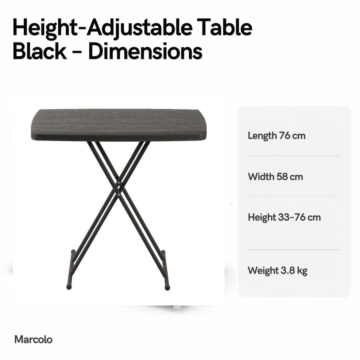 Height-adjustable folding table dimensions: 76 × 58 cm, height 33–76 cm, 3.8 kg