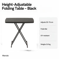 Height-adjustable folding table black key features: adjusts 33–76 cm, folds flat, UV-resistant, 3.8 kg