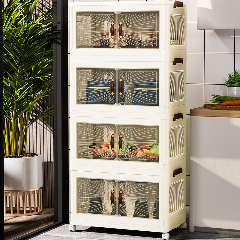 A tall, four-tier Marcolo cabinet with brown leather handles in a kitchen.