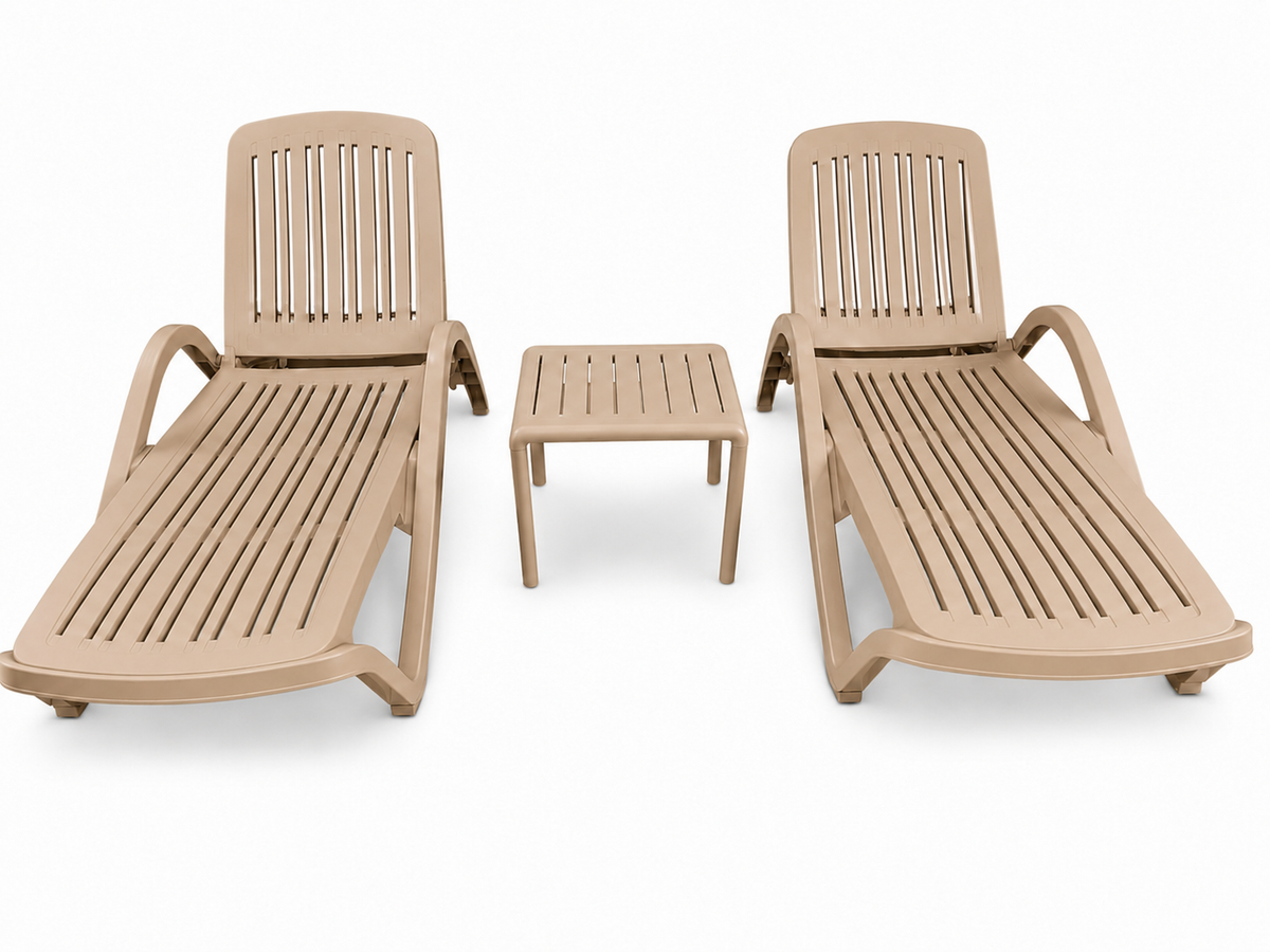 Two beige Marbella sun loungers with an Ibiza side table, shown without cushions
