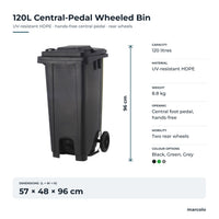 120L central-pedal wheeled bin size: 57 × 48 × 96 cm, 8.8 kg, UV-resistant HDPE
