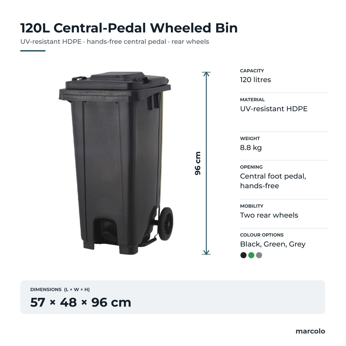 120L central-pedal wheeled bin size: 57 × 48 × 96 cm, 8.8 kg, UV-resistant HDPE