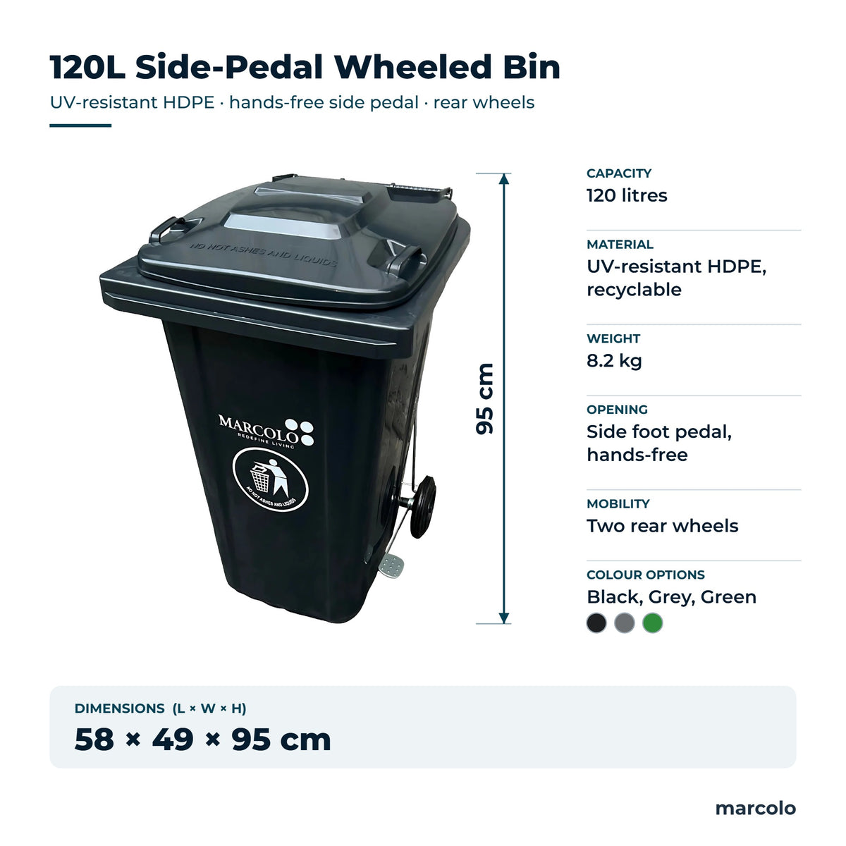 120L side-pedal wheeled bin size: 58 × 49 × 95 cm, 8.2 kg, UV-resistant HDPE