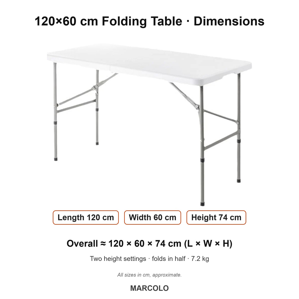120×60 cm Dual-Height Centerfold Folding Table – dimensions