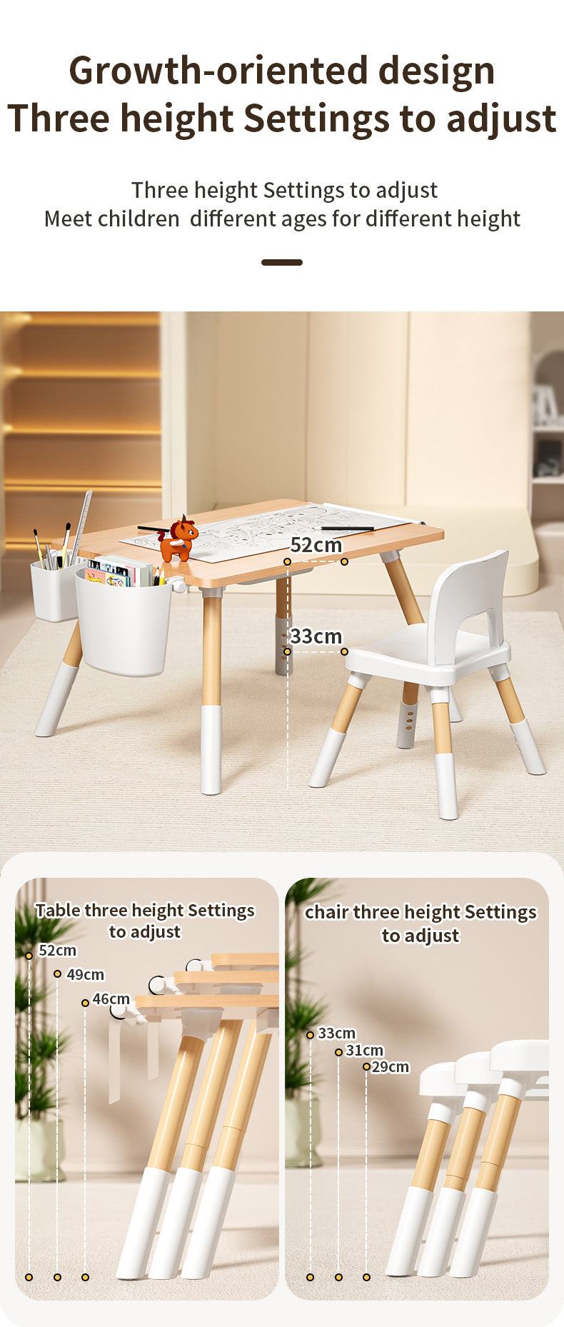 Adjustable Kids Table & 1-Chair Set – table with one chair, three height settings