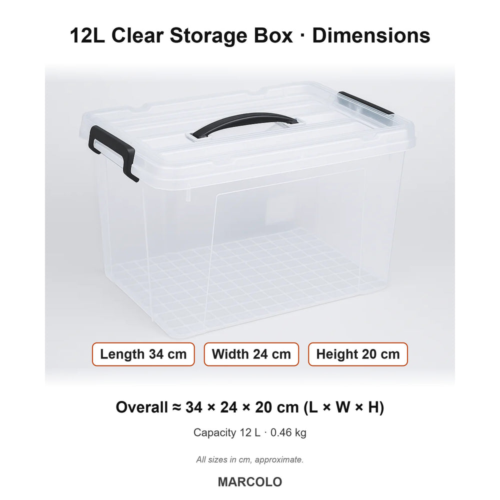 12L Clear Storage Box with Locking Lid & Side Handles – dimensions