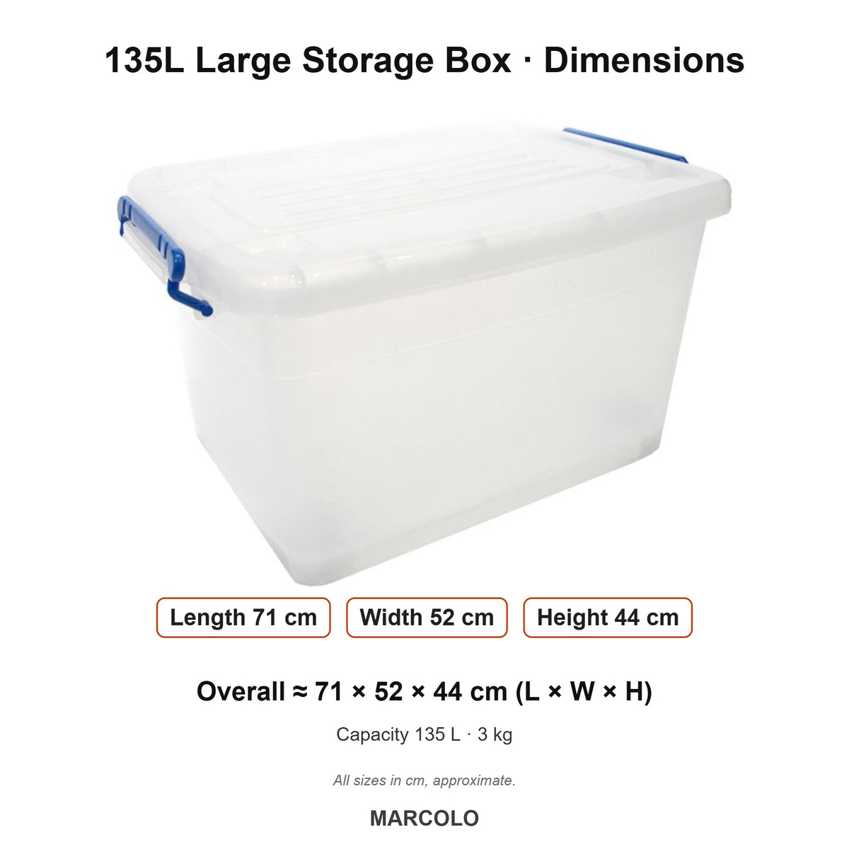 135L Large Storage Box with Lid & Lock Handles – dimensions