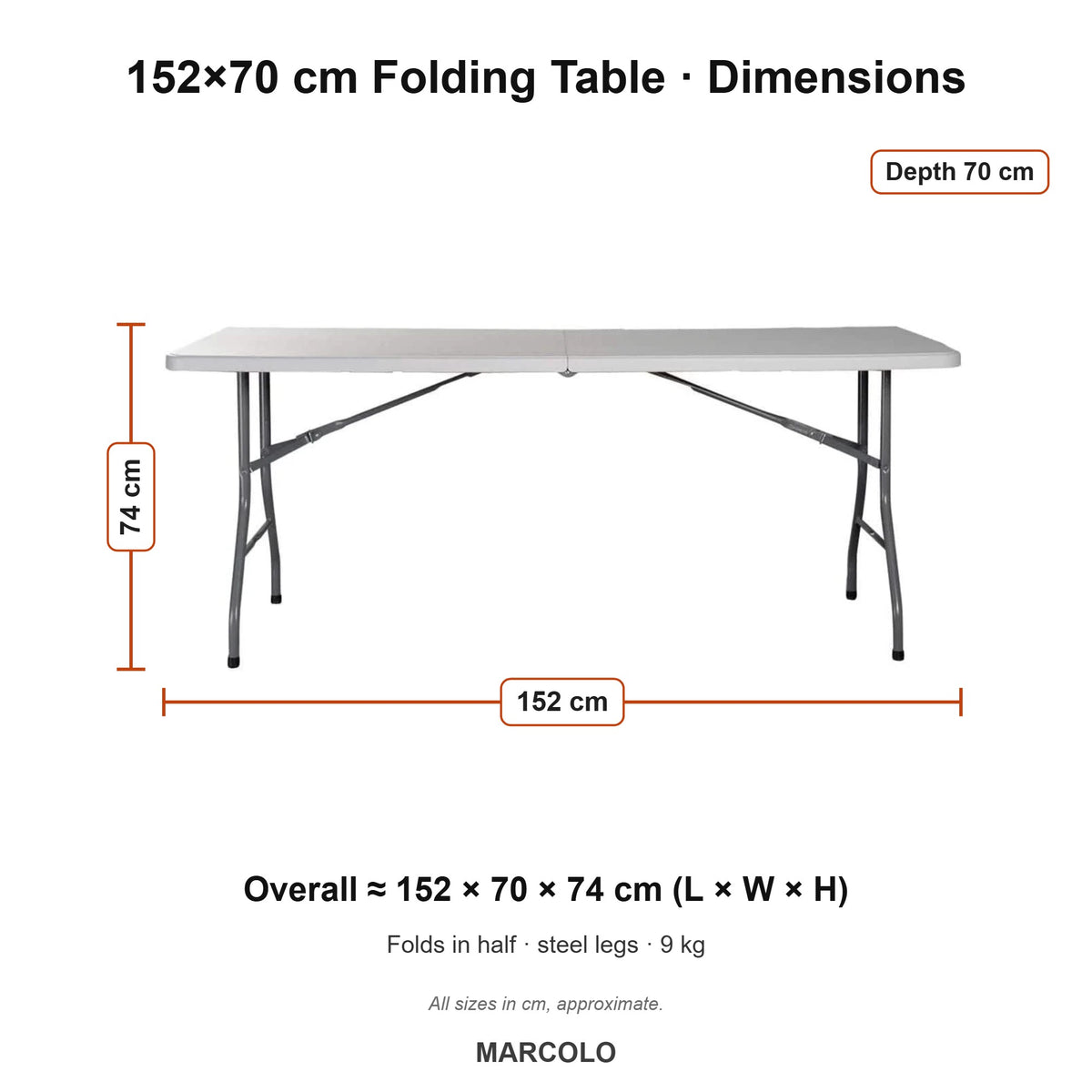 152×70 cm Centerfold Folding Table – dimensions