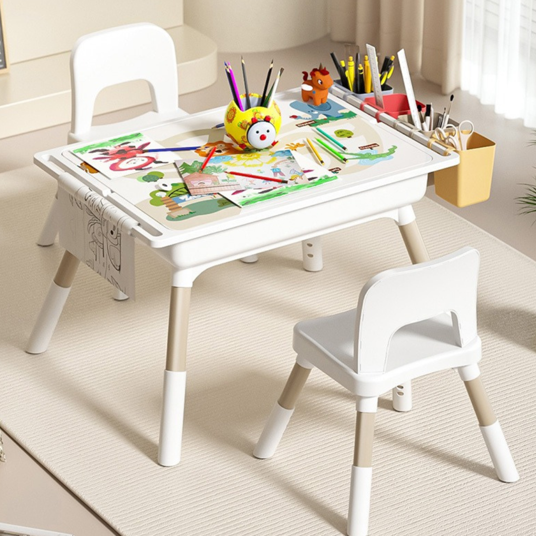Multifunctional Kids Activity Table & 2 Chairs Set | Adjustable Height | Building Block, Study, Drawing, Sand & Water Play