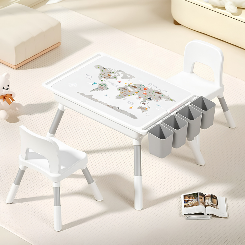 Multifunctional Kids Activity Table & 2 Chairs Set | Adjustable Height | Building Block, Study, Drawing, Sand & Water Play