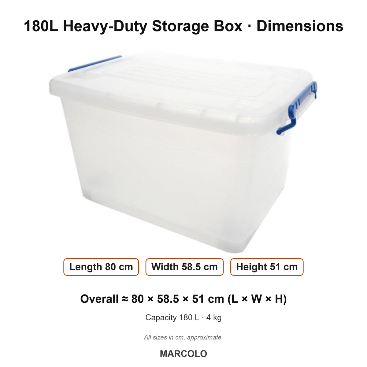 180L Heavy-Duty Plastic Storage Box with Locking Lid – dimensions