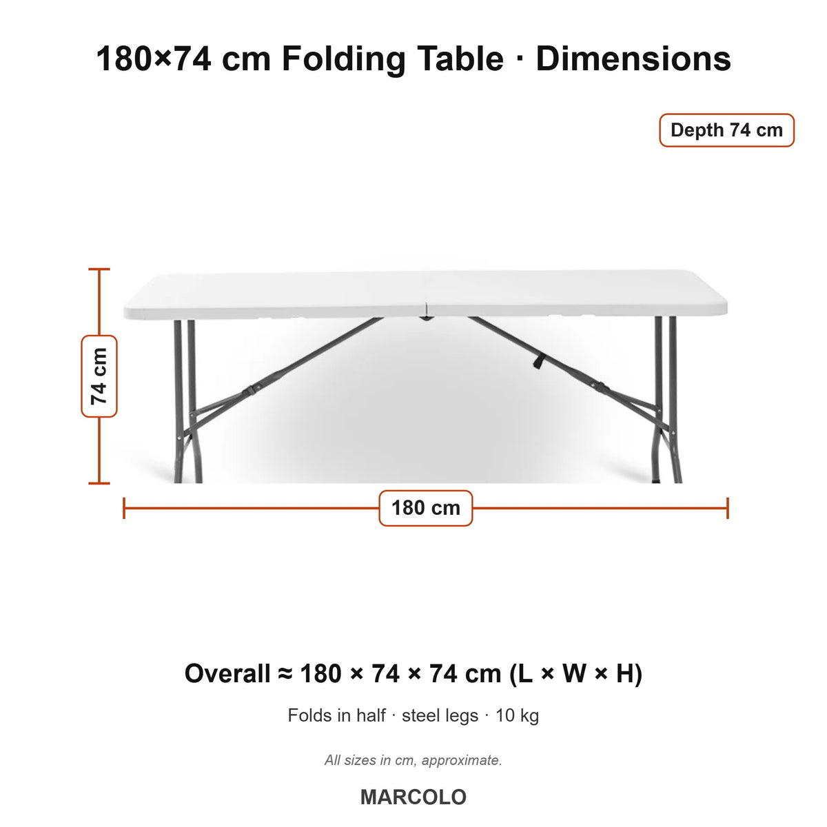 180×74 cm Centerfold Folding Table – dimensions