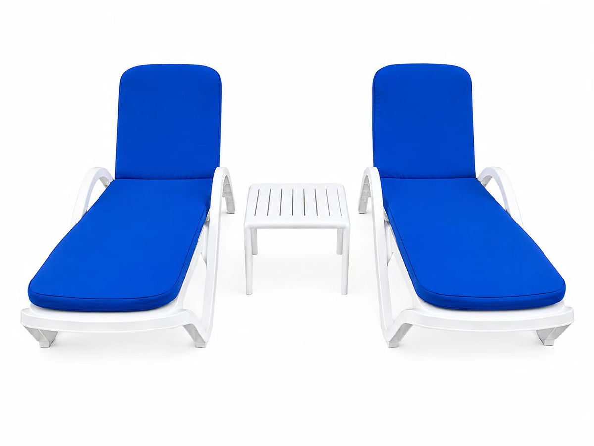 Two white Marbella sun loungers with blue cushions (side table sold separately)
