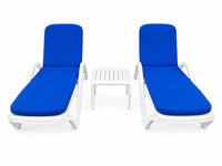 Two white Marbella sun loungers with blue cushions (side table sold separately)
