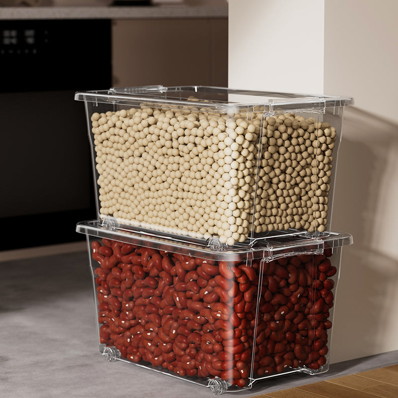 55L Clear Storage Box with Wheels & Locking Lid – stacked with food storage