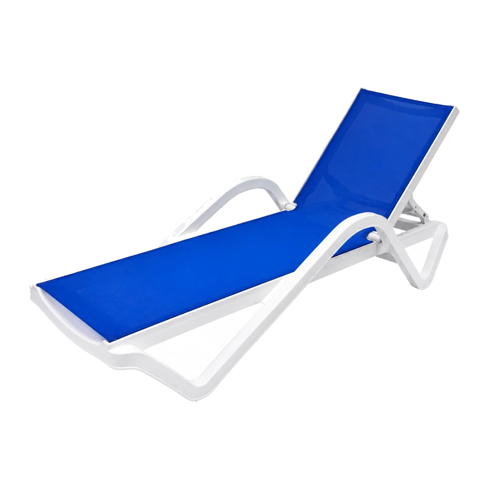 Java fiberglass sun lounger, white frame and blue Textilene fabric, angled view
