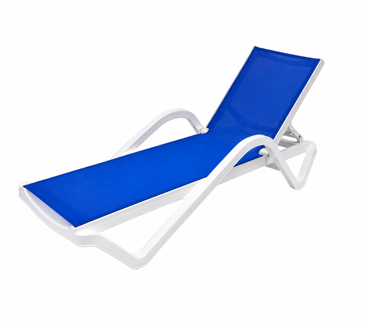 Java fiberglass sun lounger, white frame and blue Textilene fabric, angled view