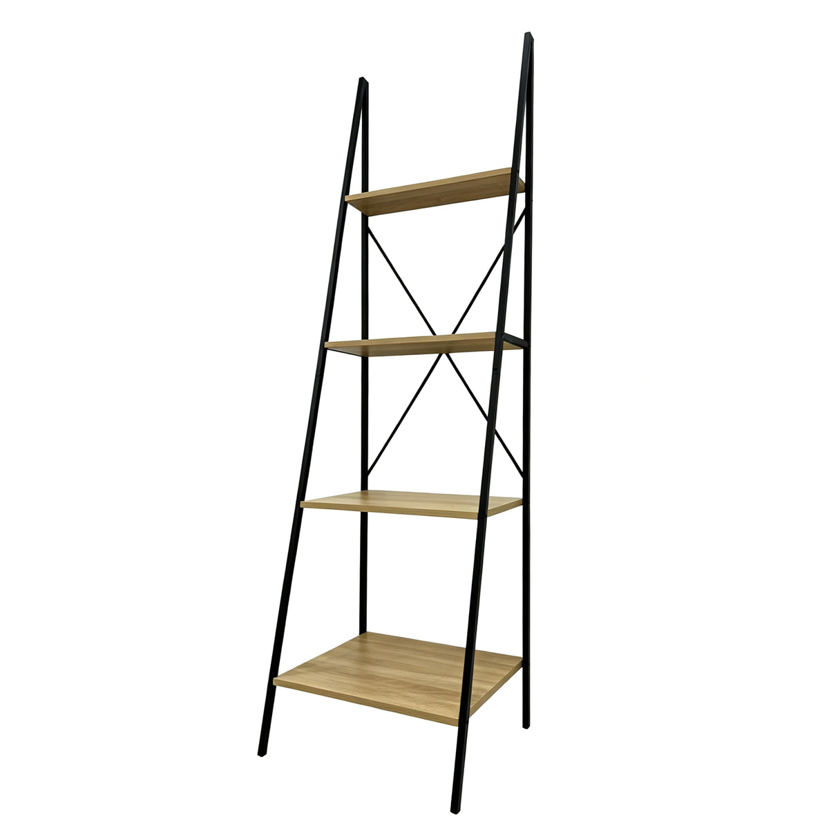 Flexi 4-Tier Ladder Shelf, Wood-Look Shelves & Black Metal Frame – angled view