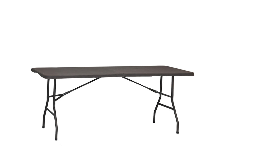 Marcolo 6 ft black woodgrain folding table, front view