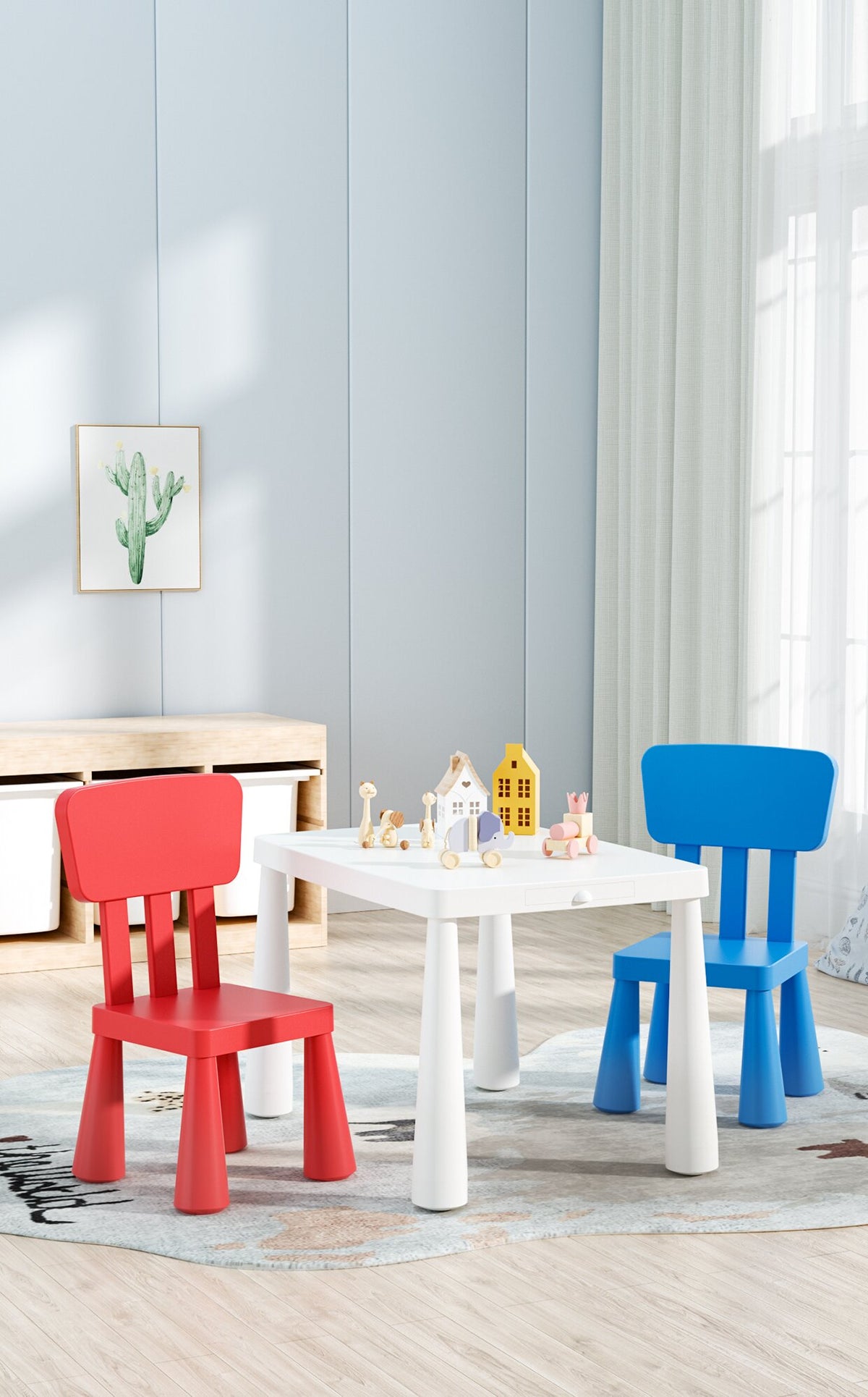 Kids Table & 2 Chairs Set – white table with red and blue chairs