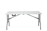 152×70 cm centerfold folding table with steel legs – front view