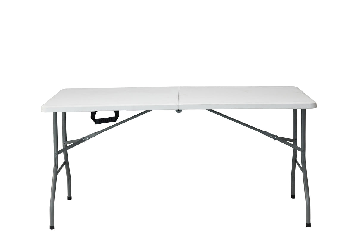 152×70 cm centerfold folding table with steel legs – front view