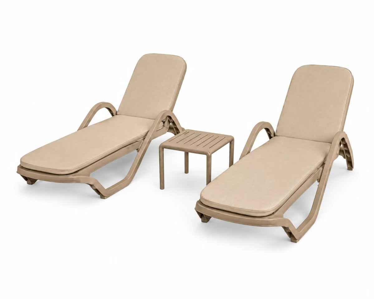 Marbella sun loungers, beige, pair with beige cushions and side table