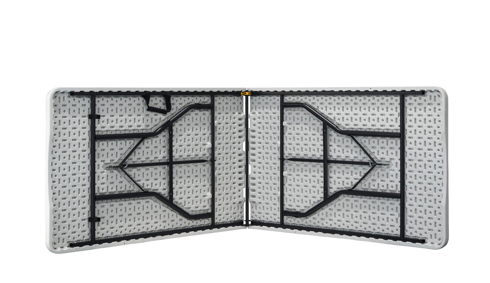 Underside of the Marcolo 240×74 cm folding table showing the folded steel legs and centre hinge
