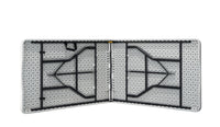 Underside of the Marcolo 240×74 cm folding table showing the folded steel legs and centre hinge