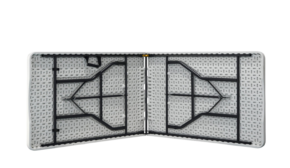 Underside of the Marcolo 240×74 cm folding table showing the folded steel legs and centre hinge