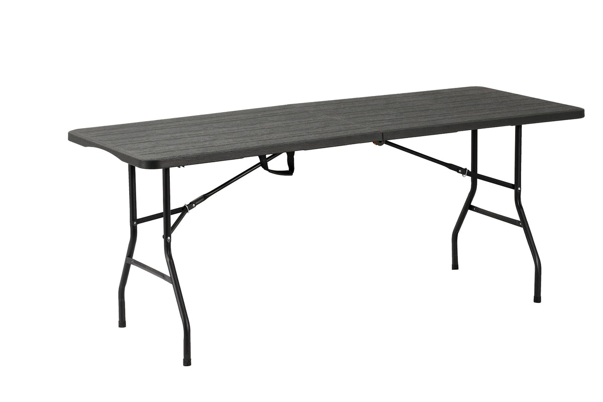 6 ft Woodgrain Rectangular Folding Table, 180×70×74 cm, Black – angled view