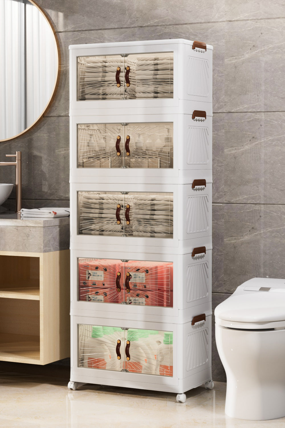 5-Layer Cabinet with Clear Doors & Wheels, 60×36×155 cm – in a bathroom