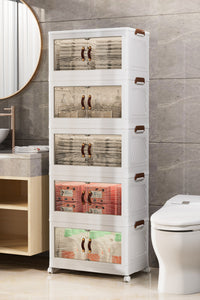5-Layer Cabinet with Clear Doors & Wheels, 60×36×155 cm – in a bathroom