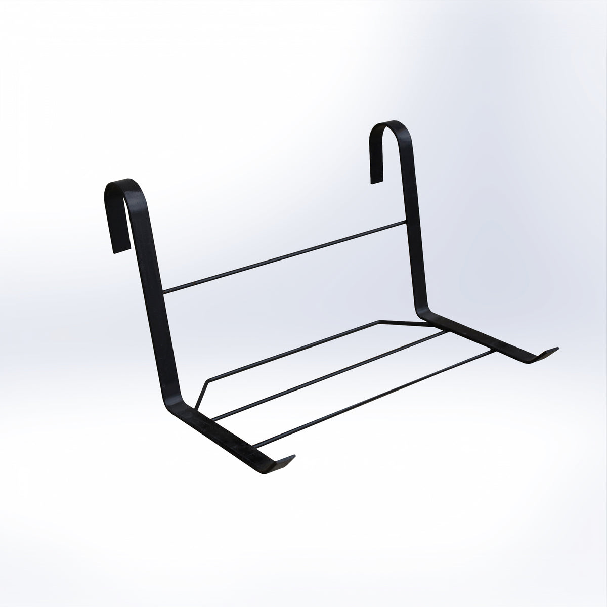 Marcolo Florita black metal balcony holder for 57 cm planter, side view showing rail hooks and support bars