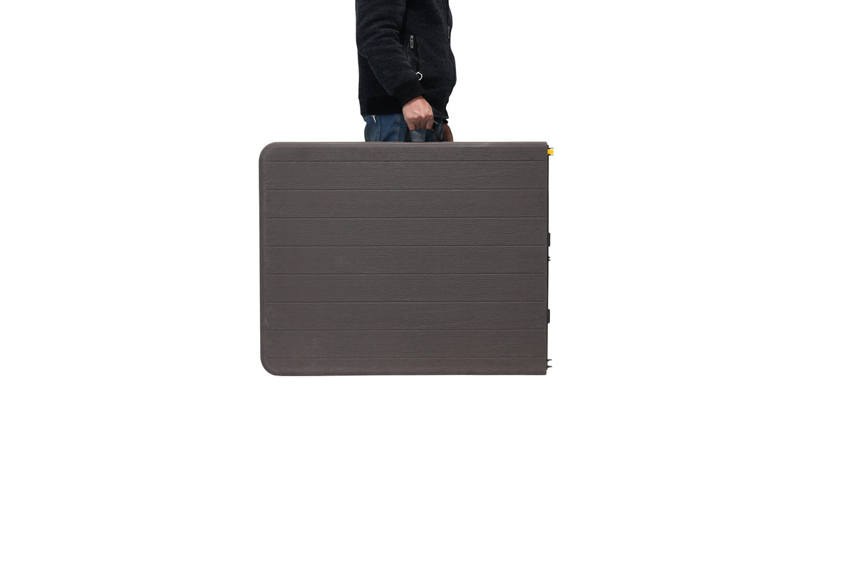 Marcolo 6 ft woodgrain folding table, underside and steel frame