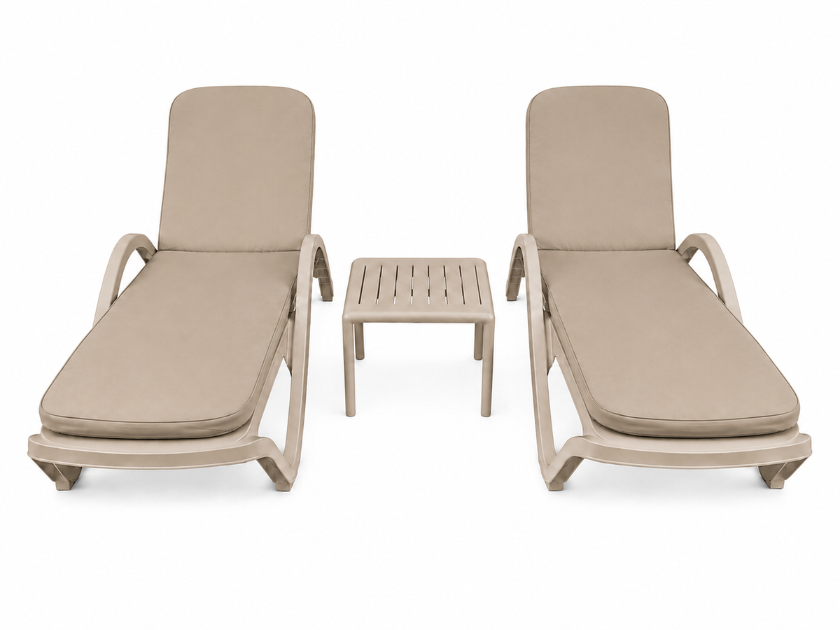 Marbella Sun Lounger Cushion, 200×60×5 cm – Beige, on two beige loungers