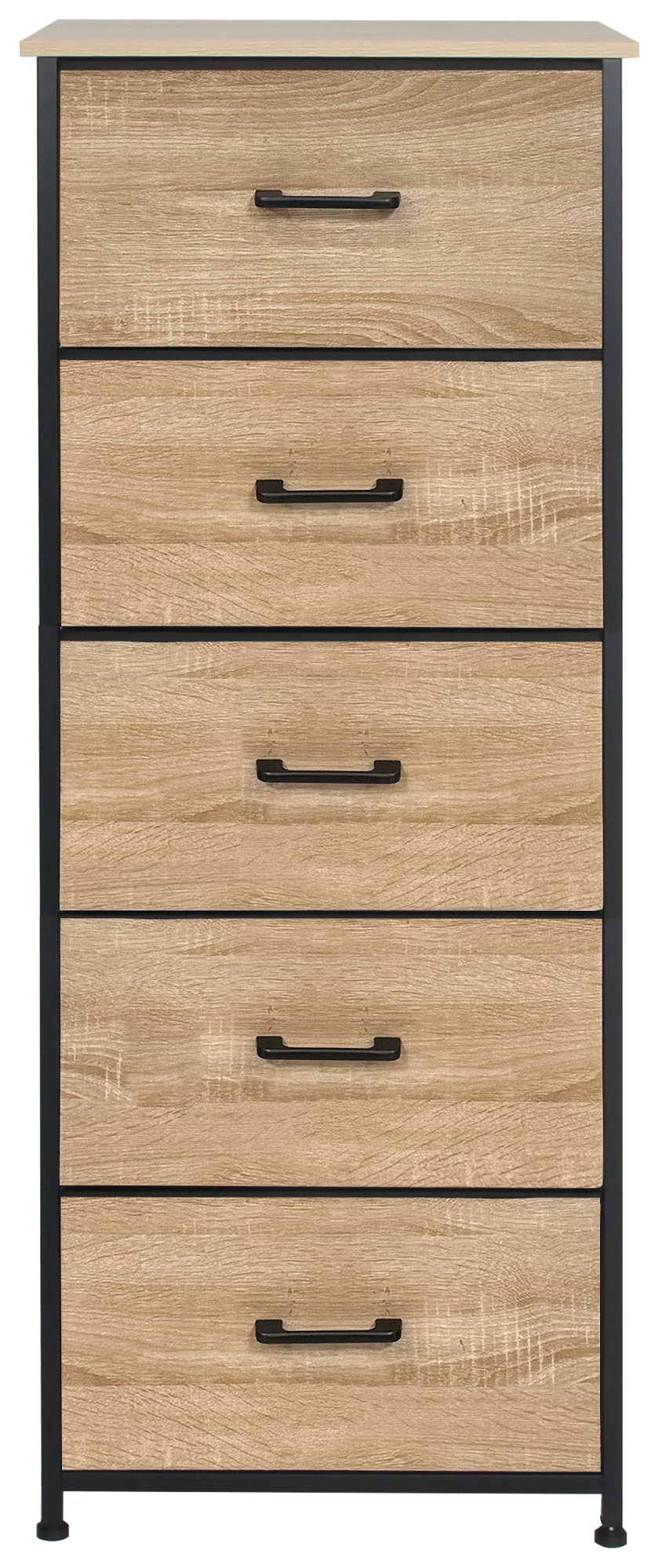 Nova Fabric Drawer Dresser, Oak Look & Black – 5 Drawers, front view