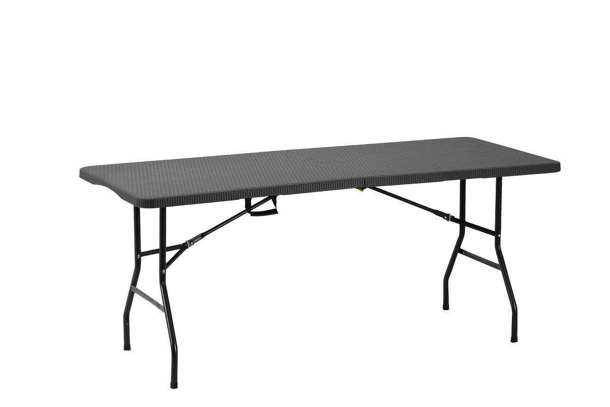 6 ft Rattan-Style Rectangular Folding Table, 180×70×74 cm, Black – angled view