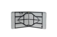 180×70 cm centerfold folding table – underside view, opened with steel frame and handle