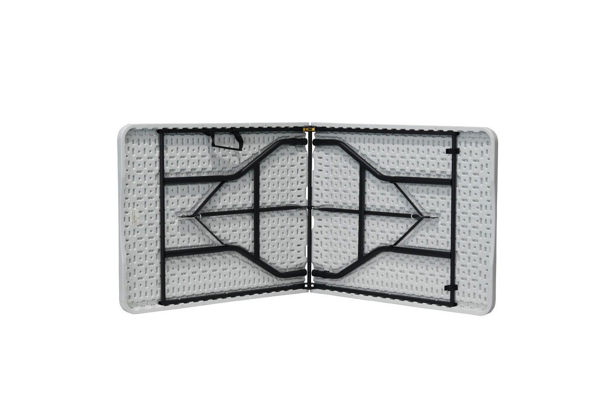 180×70 cm centerfold folding table – underside view, opened with steel frame and handle