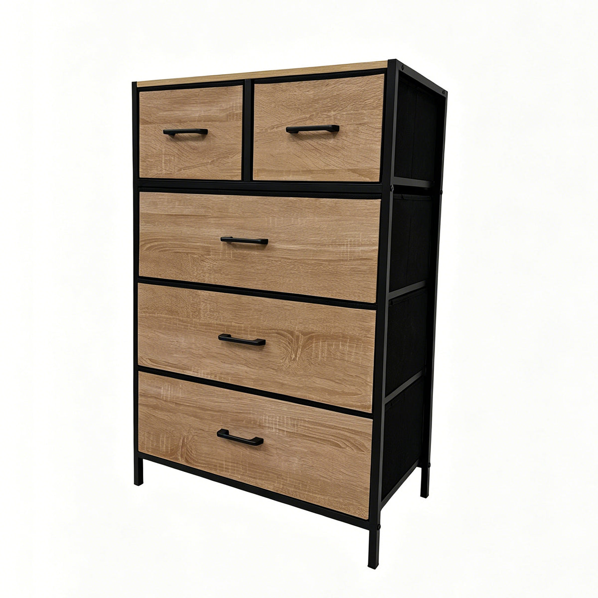 Casa 5-Drawer Fabric Dresser, 60×30×90 cm, Oak Look & Black – angled view