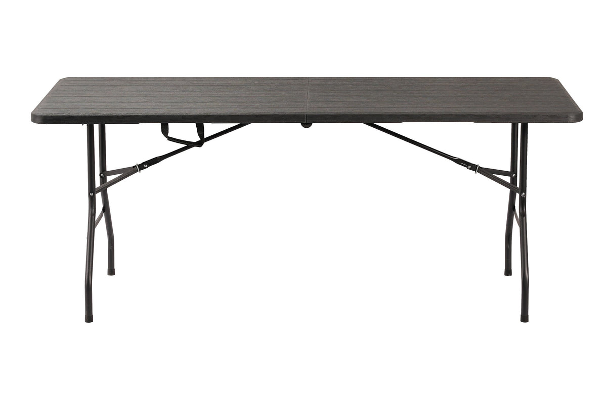 6 ft Woodgrain Rectangular Folding Table, 180×70×74 cm, Black – front view
